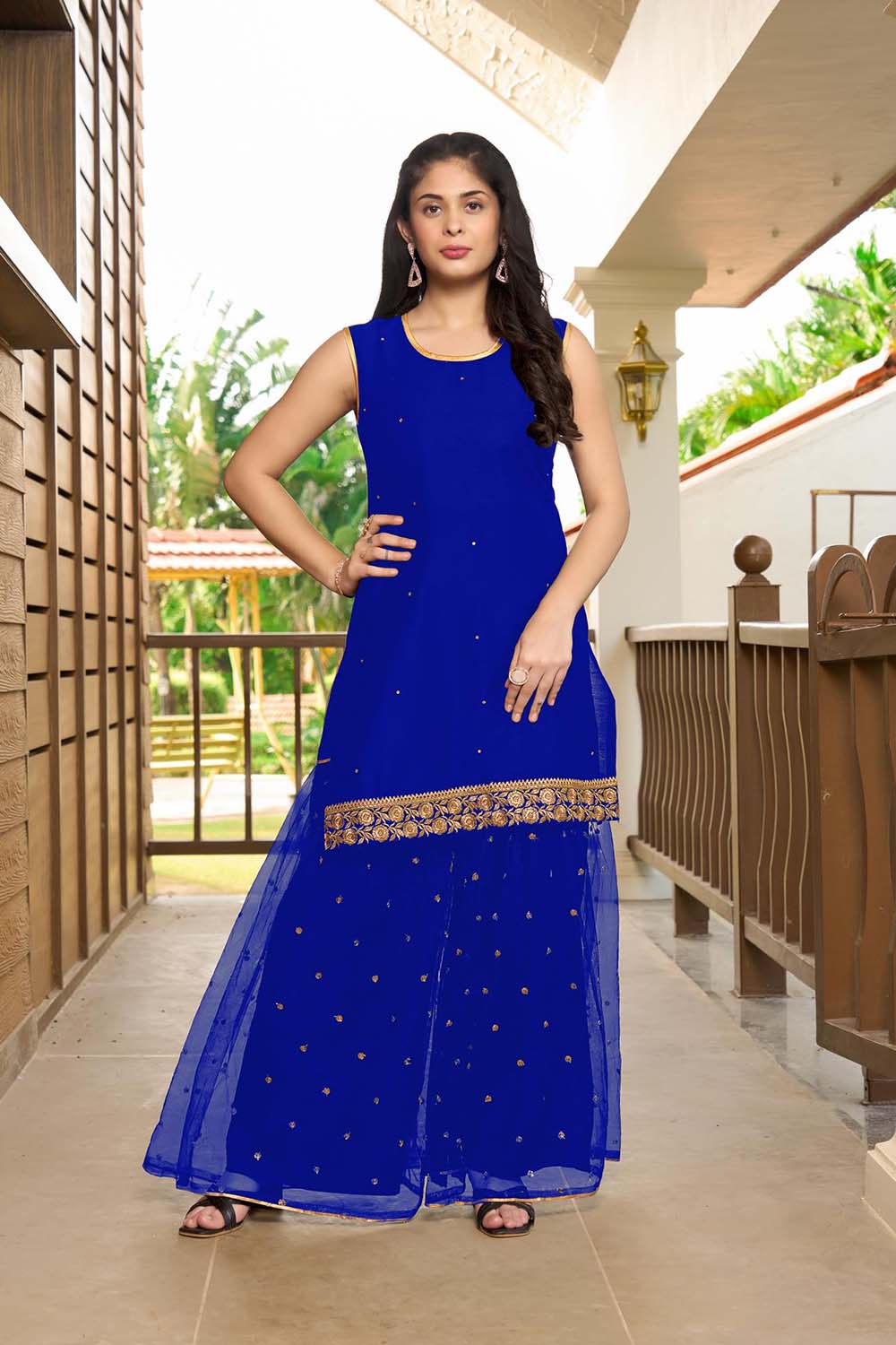 Blue Resham Embroidery Cotton Straight Cut Kurta