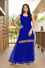 Blue Resham Embroidery Cotton Straight Cut Shahara Kurti Set