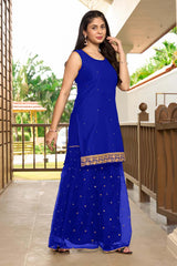 Blue Resham Embroidery Cotton Straight Cut Shahara Kurti Set