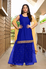 Blue Cotton Embroidered Sharara Suit Set