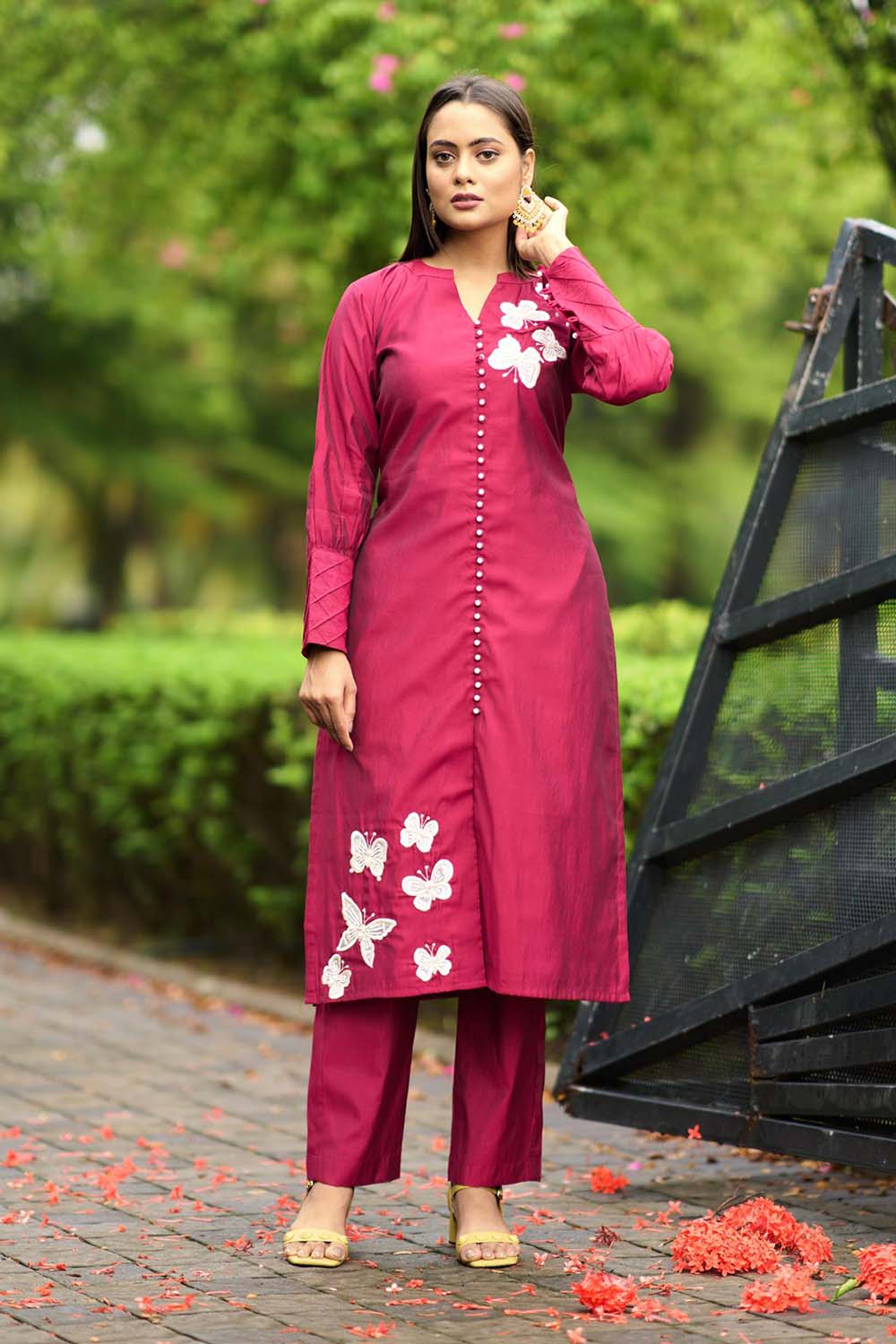 Pink Hand Embroidery Art Silk Straight Cut Kurta