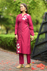 Pink Hand Embroidery Art Silk Straight Cut Kurti