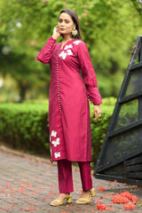 Pink Hand Embroidery Art Silk Straight Cut Kurti