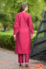 Pink Hand Embroidery Art Silk Straight Cut Kurta