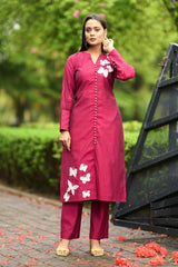 Pink Hand Embroidery Art Silk Straight Cut Kurta Pants Set