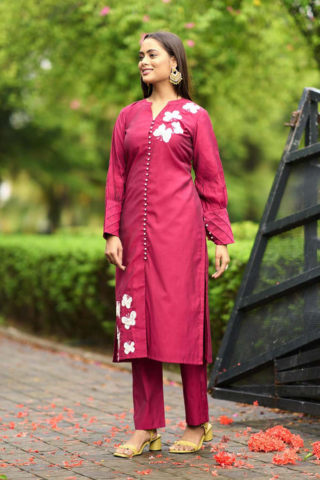 Pink Hand Embroidery Art Silk Straight Cut Kurta Pants Set