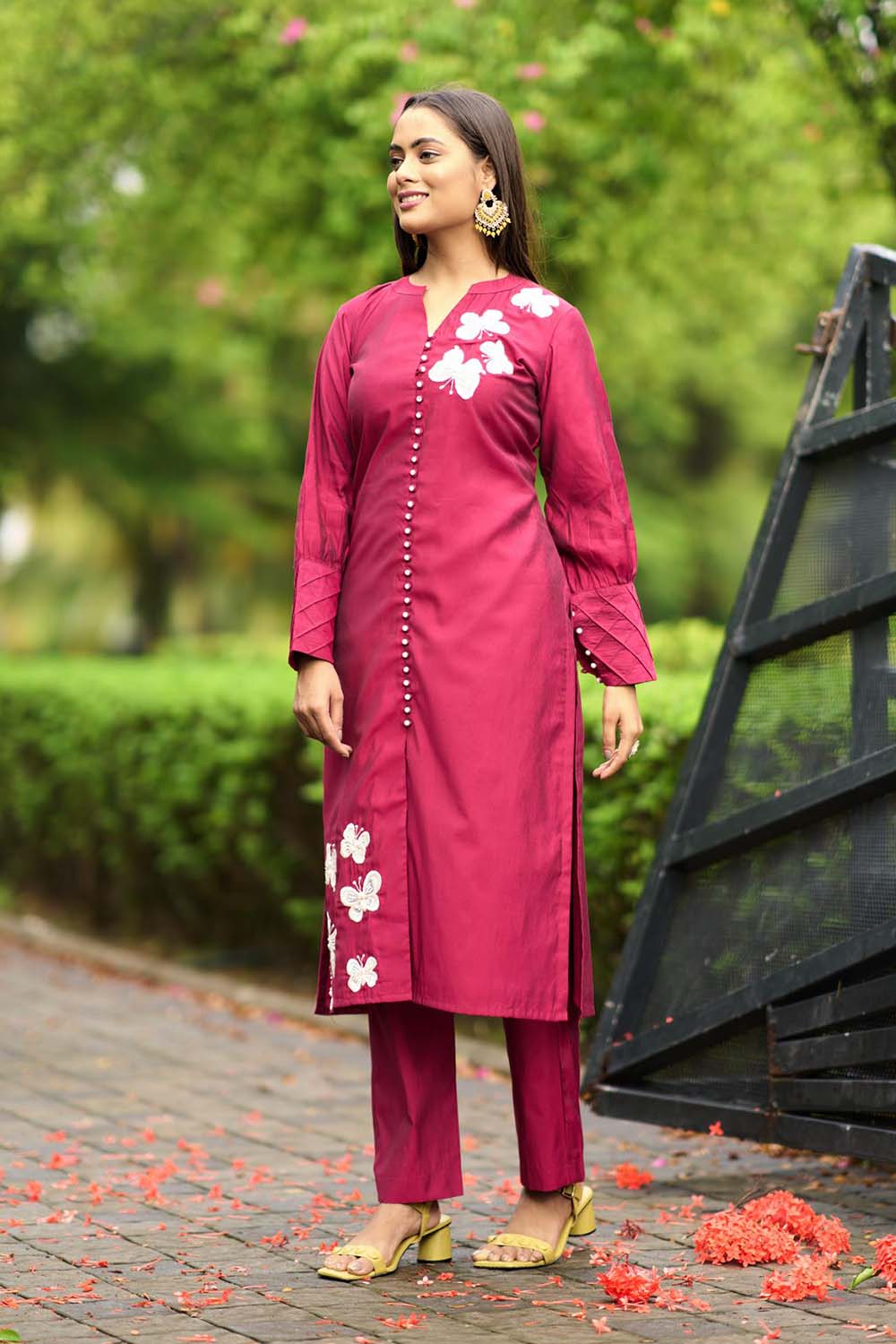 Pink Hand Embroidery Art Silk Straight Cut Kurti Pants Set