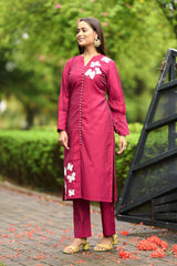 Pink Hand Embroidery Art Silk Straight Cut Kurti Pants Set