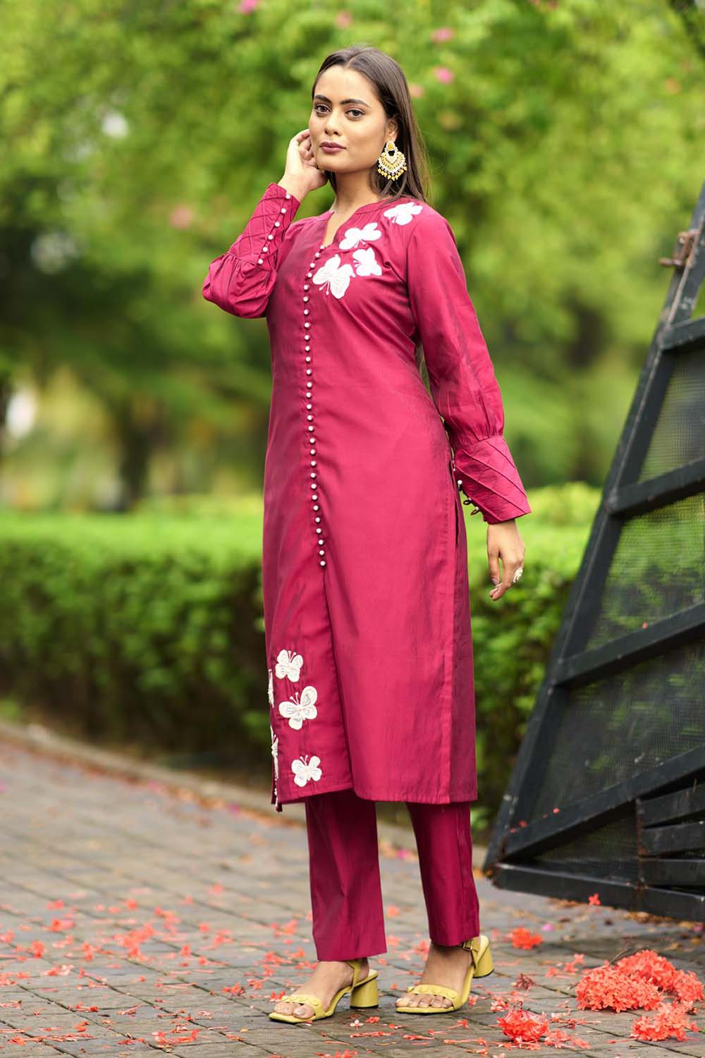 Pink Hand Embroidery Art Silk Straight Cut Kurta Pants Set