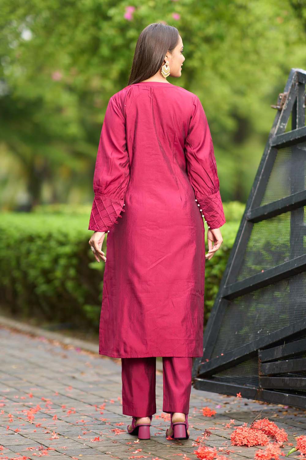 Pink Hand Embroidery Art Silk Straight Cut Kurta Pants Set