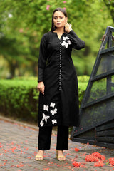 Black Hand Embroidery Art Silk Straight Cut Kurta