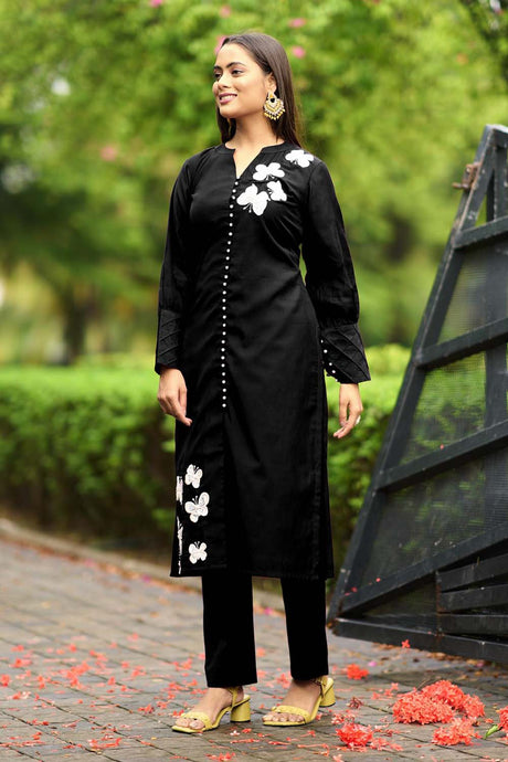 Black Hand Embroidery Art Silk Straight Cut Kurta