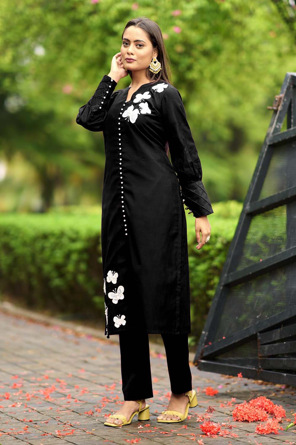 Black Hand Embroidery Art Silk Straight Cut Kurti