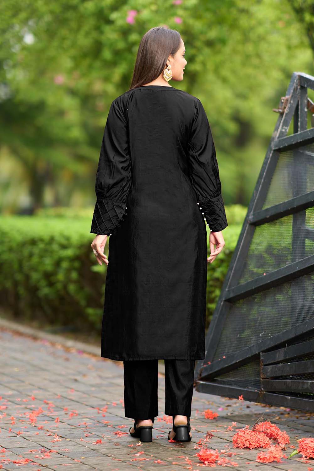 Black Hand Embroidery Art Silk Straight Cut Kurta