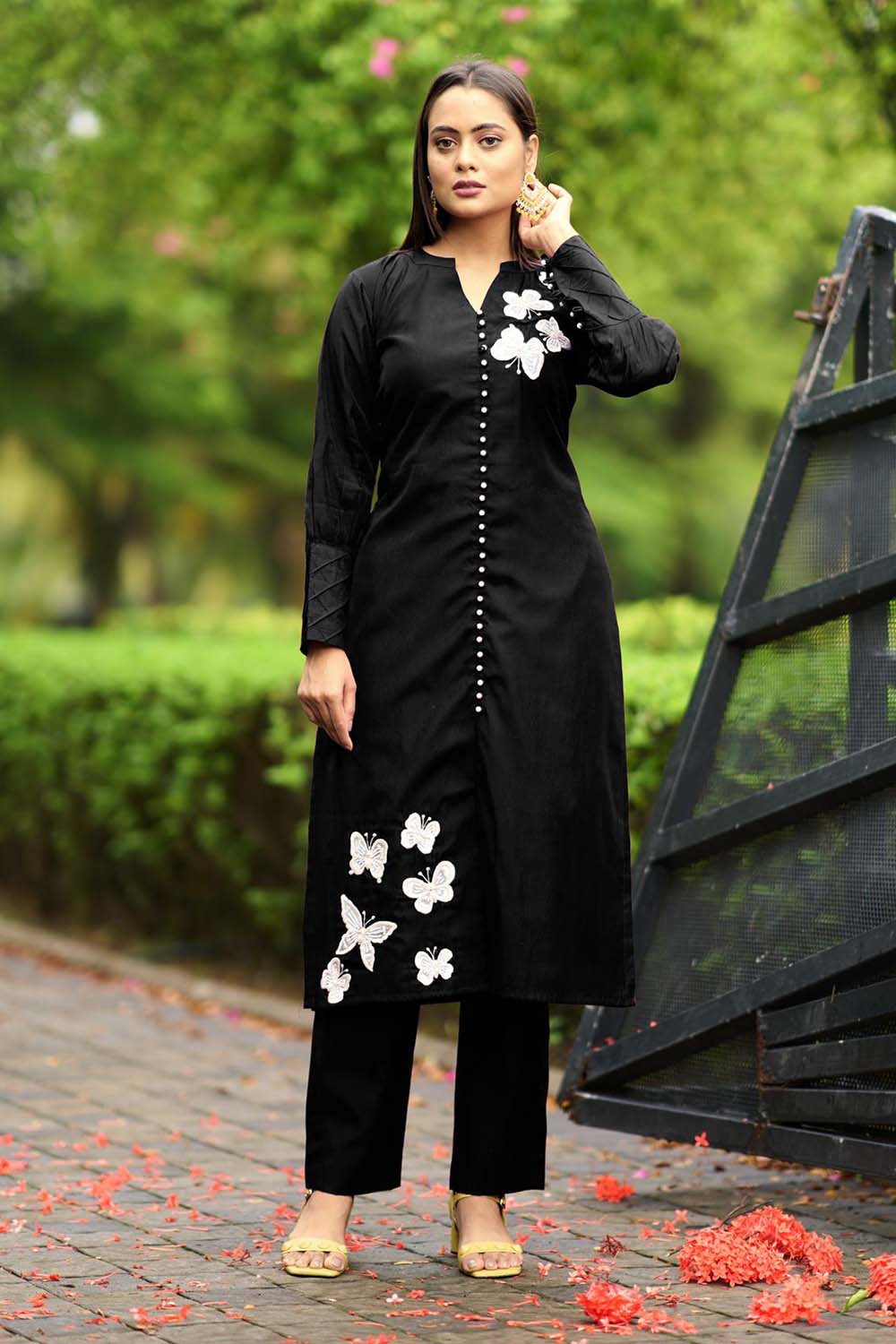 Black Hand Embroidery Art Silk Straight Cut Kurta Pants Set