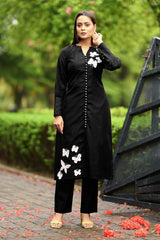 Black Hand Embroidery Art Silk Straight Cut Kurti Pants Set