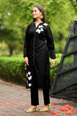 Black Hand Embroidery Art Silk Straight Cut Kurti Pants Set