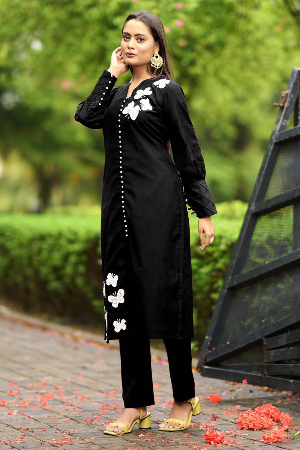 Black Hand Embroidery Art Silk Straight Cut Kurta Pants Set