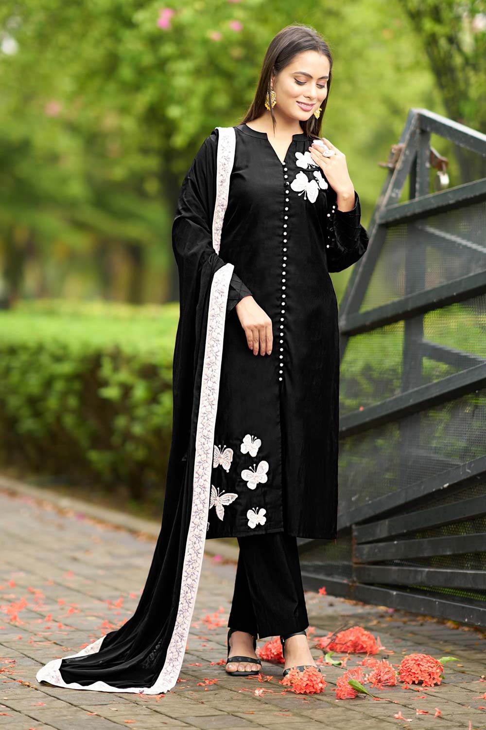 Black Art Silk Embroidered Trouser Suit Set