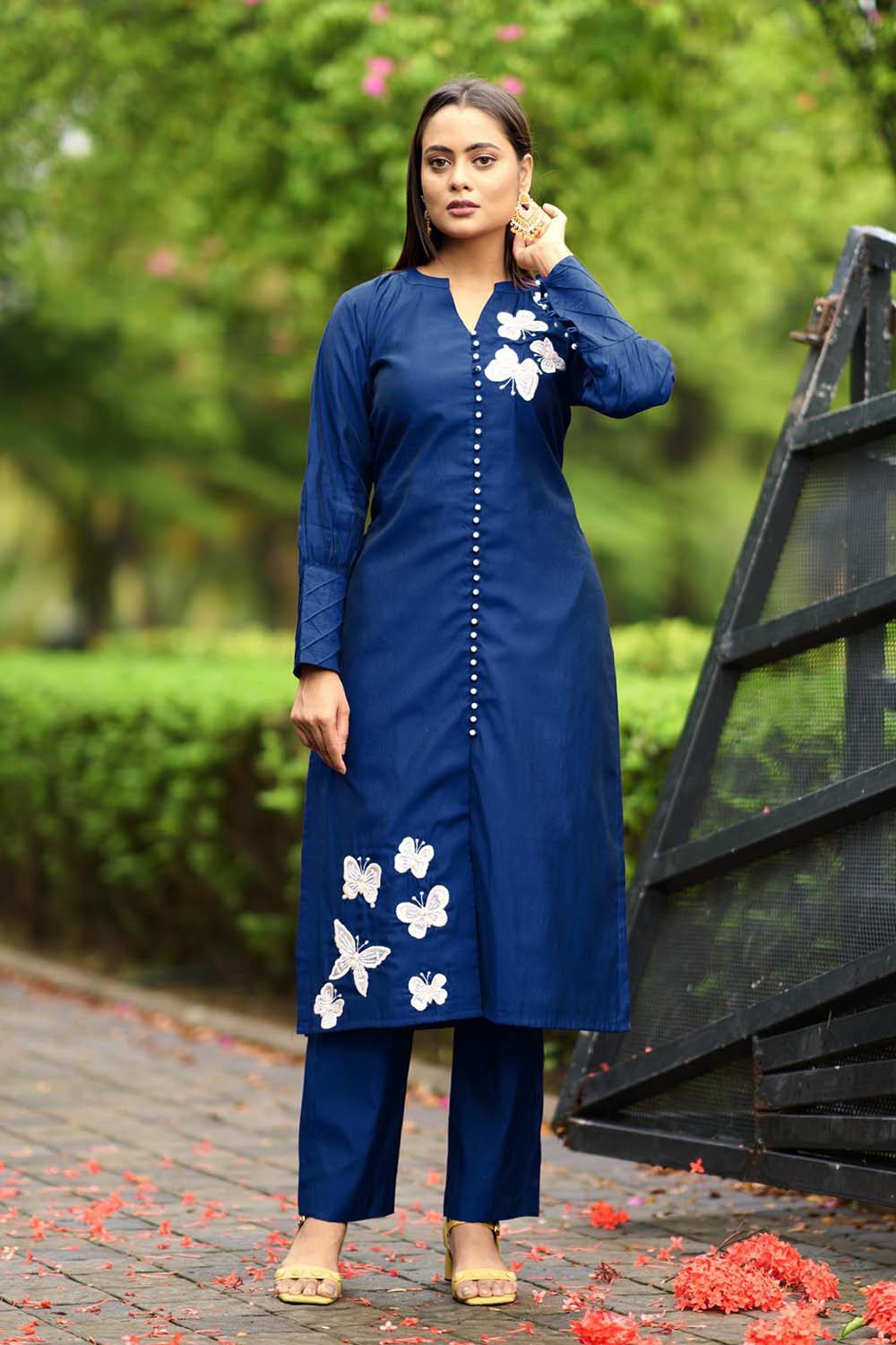 Blue Hand Embroidery Art Silk Straight Cut Kurti