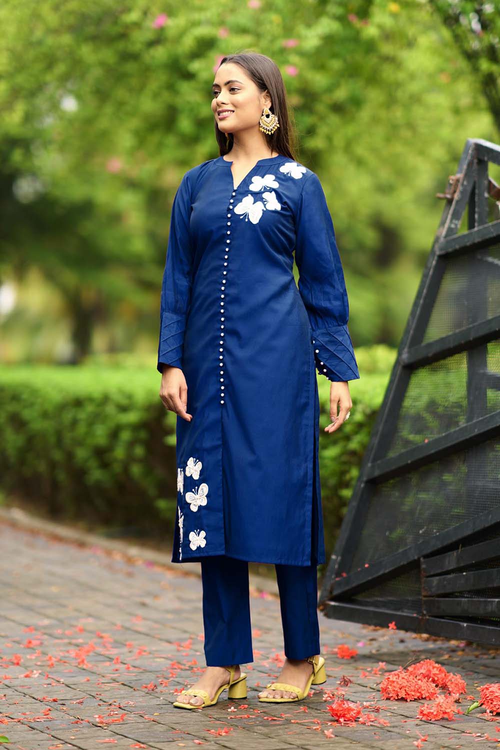 Blue Hand Embroidery Art Silk Straight Cut Kurti