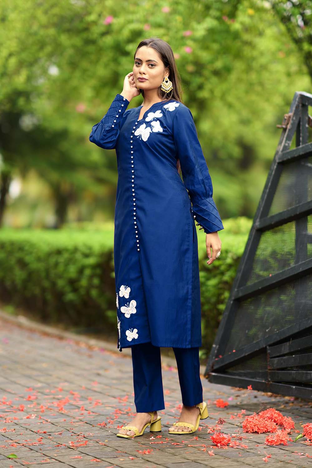 Blue Hand Embroidery Art Silk Straight Cut Kurta