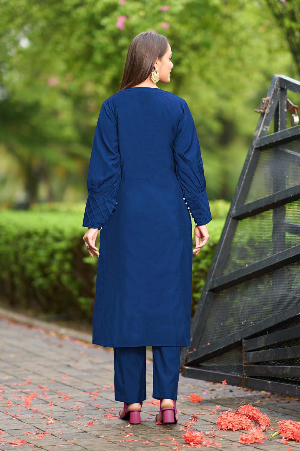 Blue Hand Embroidery Art Silk Straight Cut Kurti