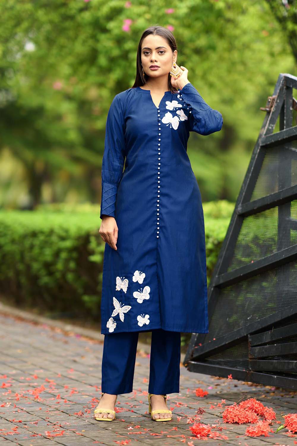 Blue Hand Embroidery Art Silk Straight Cut Kurta Pants Set