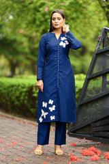 Blue Hand Embroidery Art Silk Straight Cut Kurta Pants Set