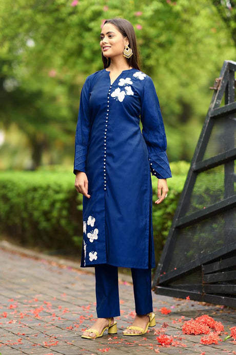 Blue Hand Embroidery Art Silk Straight Cut Kurta Pants Set