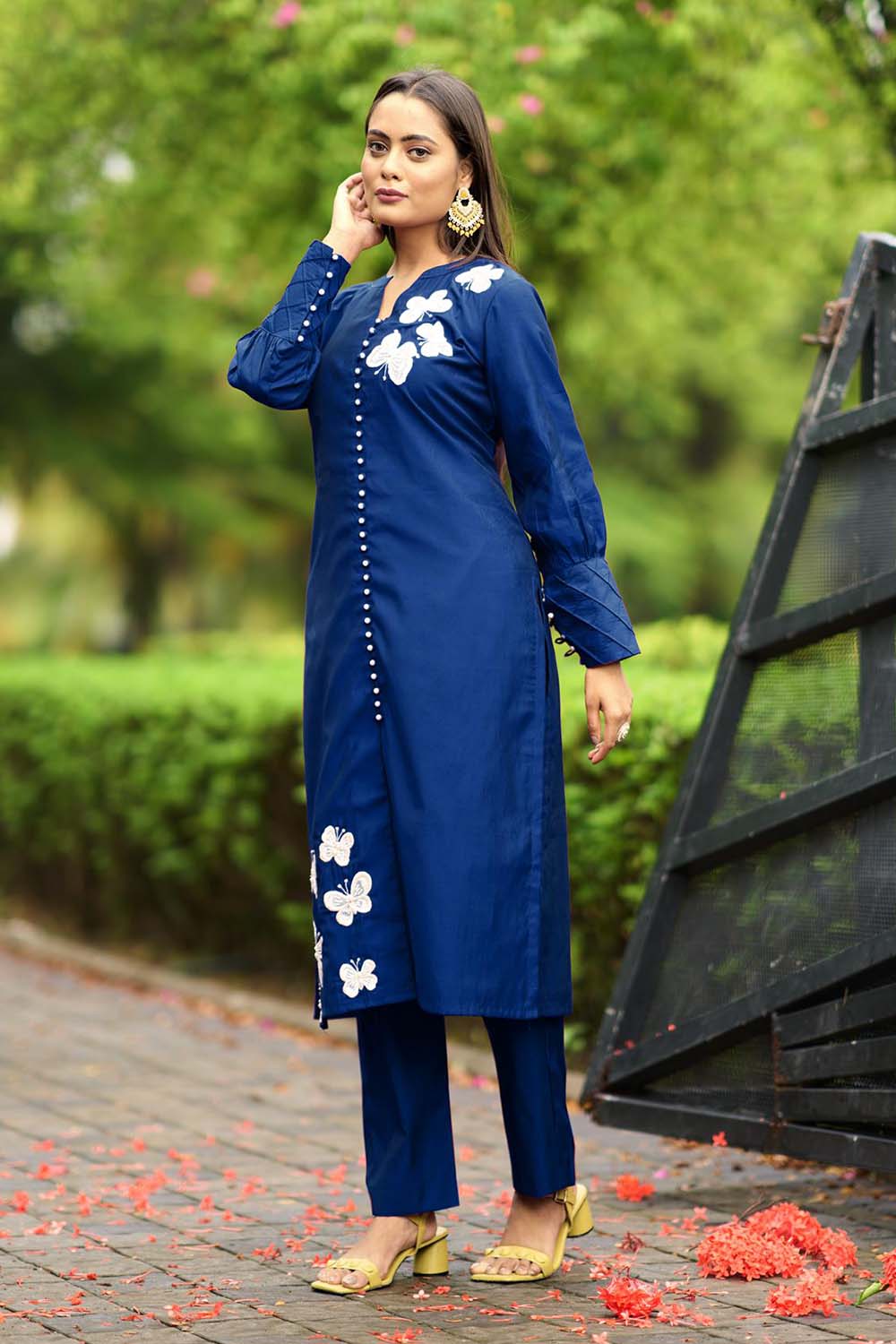 Blue Hand Embroidery Art Silk Straight Cut Kurta Pants Set