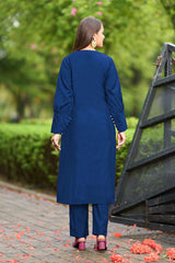 Blue Hand Embroidery Art Silk Straight Cut Kurti Pants Set