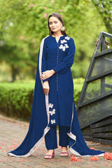 Blue Art Silk Embroidered Trouser Suit Set