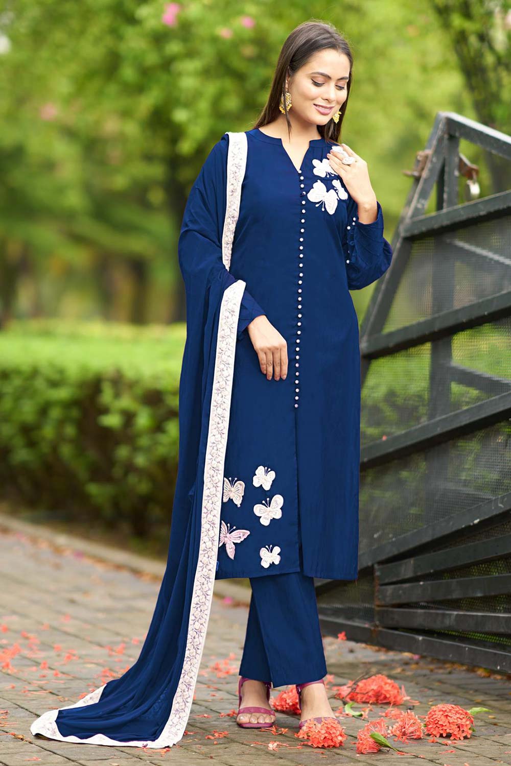 Blue Art Silk Embroidered Trouser Suit Set