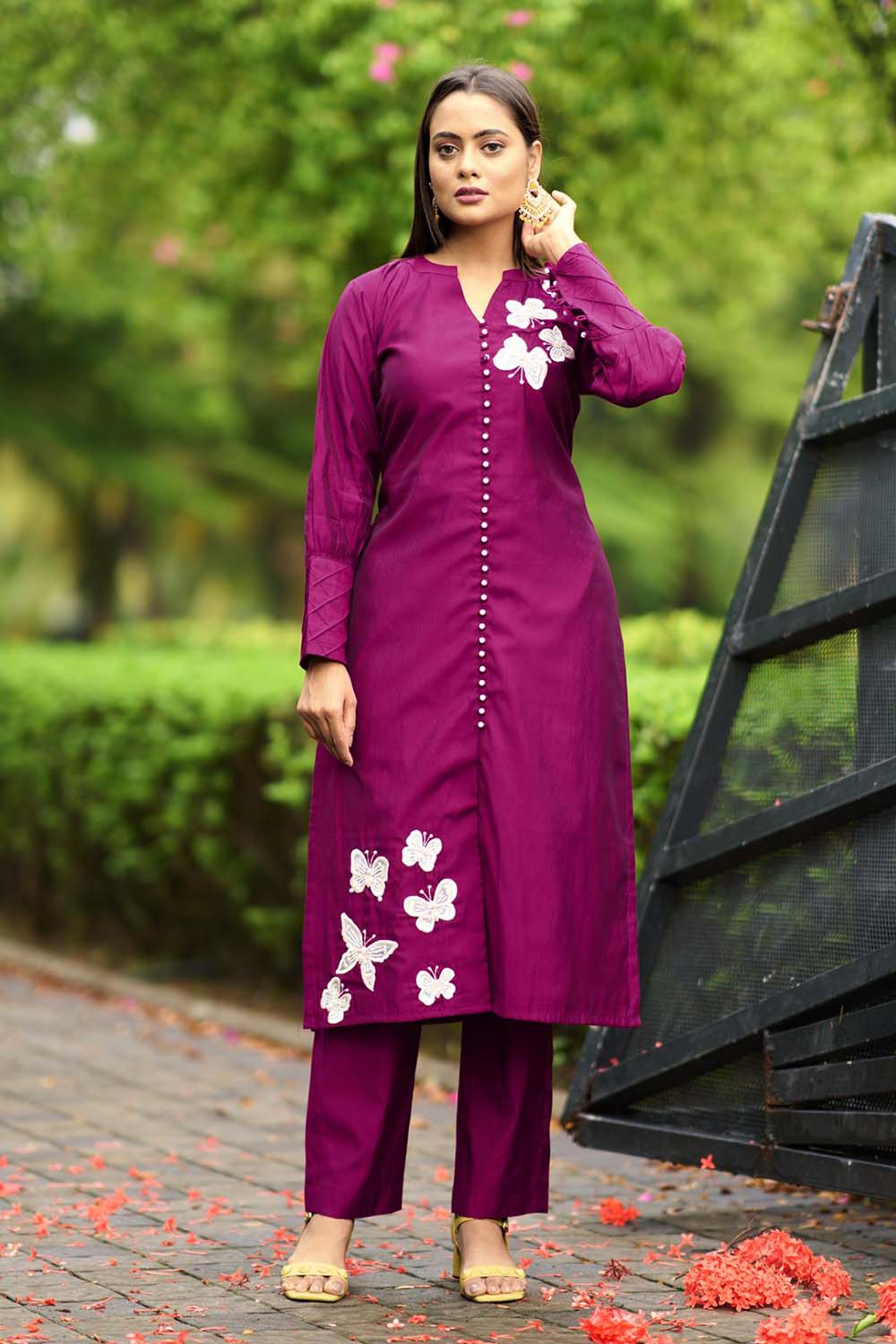 Dark-Pink Hand Embroidery Art Silk Straight Cut Kurta