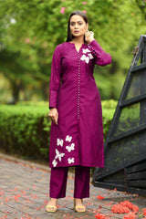 Dark-Pink Hand Embroidery Art Silk Straight Cut Kurta