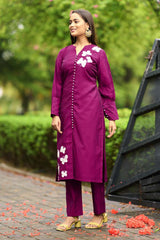 Dark-Pink Hand Embroidery Art Silk Straight Cut Kurta