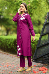 Dark-Pink Hand Embroidery Art Silk Straight Cut Kurta