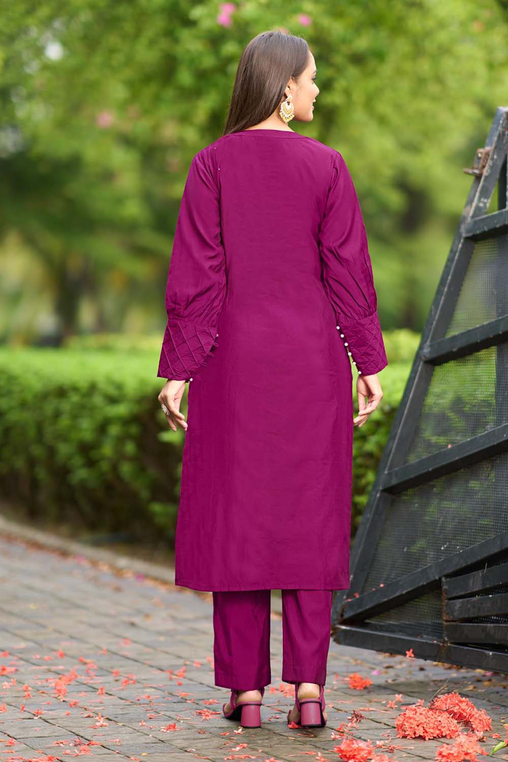 Dark-Pink Hand Embroidery Art Silk Straight Cut Kurta