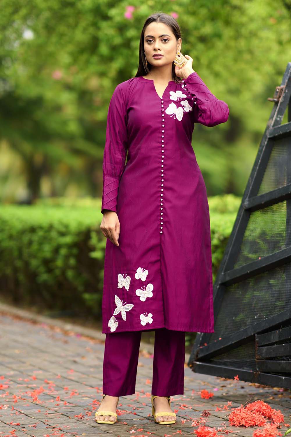 Dark-Pink Hand Embroidery Art Silk Straight Cut Kurta Pants Set