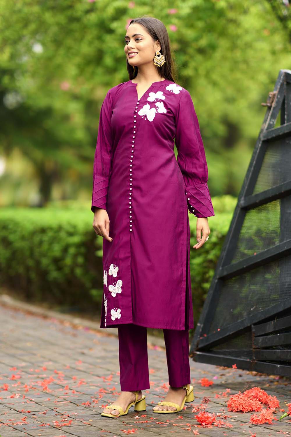 Dark-Pink Hand Embroidery Art Silk Straight Cut Kurta Pants Set