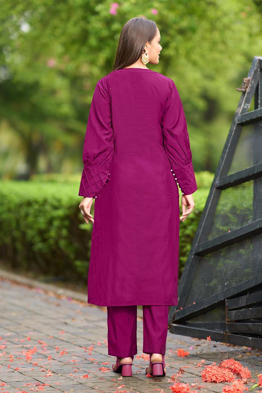 Dark-Pink Hand Embroidery Art Silk Straight Cut Kurta Pants Set