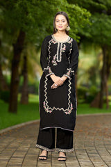 Black Hand Embroidery Art Silk Straight Cut Kurta