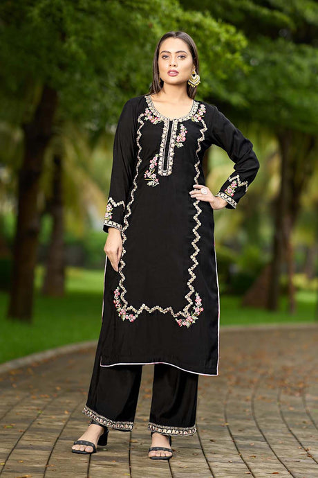 Black Hand Embroidery Art Silk Straight Cut Kurta