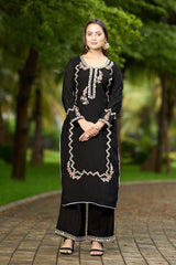 Black Hand Embroidery Art Silk Straight Cut Kurta Palazzo Set