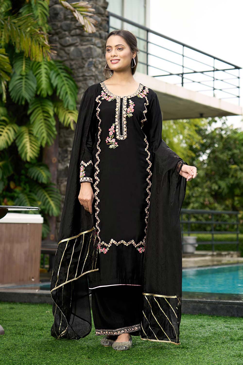 Black Art Silk Embroidered Palazzo Suit Set