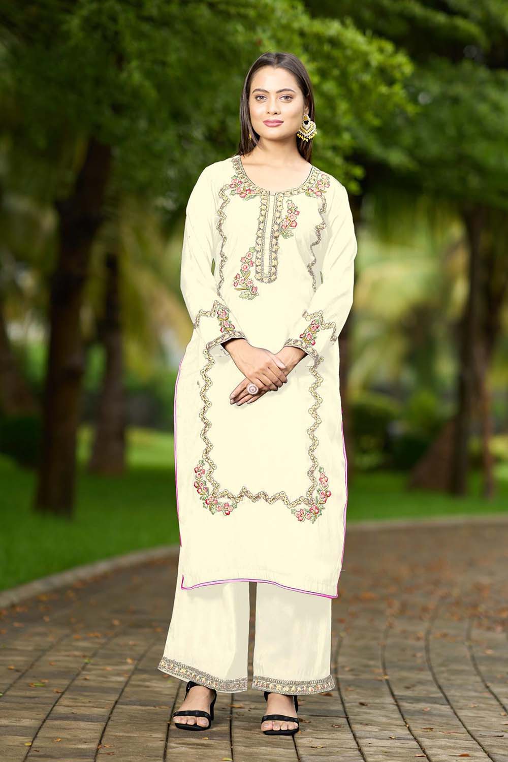 Cream Hand Embroidery Art Silk Straight Cut Kurta