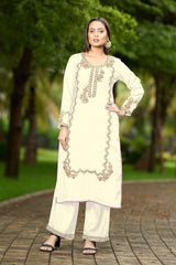 Cream Hand Embroidery Art Silk Straight Cut Kurta