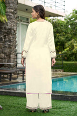 Cream Hand Embroidery Art Silk Straight Cut Kurta