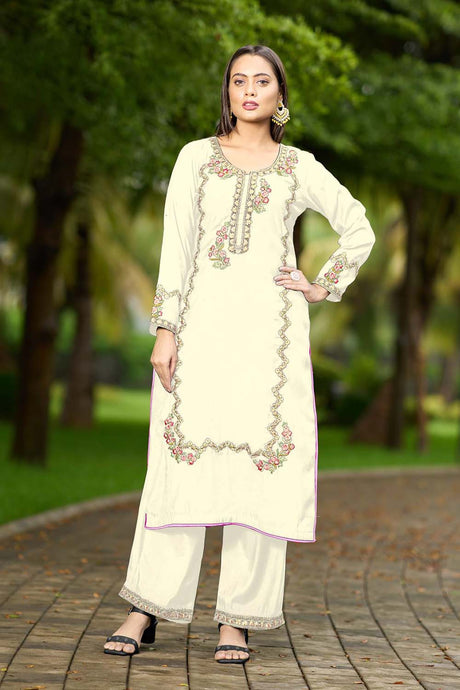 Cream Hand Embroidery Art Silk Straight Cut Kurti Palazzo Set